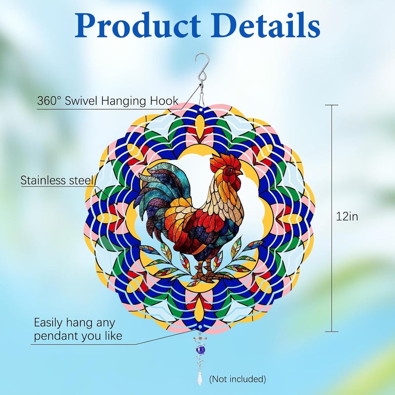 WAZZIO Chicken Wind Spinners Outdoor, Chicken Gifts for Women Men Mom Dad, Hanging Wind Sculptures Spinners for Christmas, 12 inch Outdoor Indoor Hanging Ornament for Garden Porch Backyard Lawn - Image 2